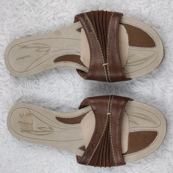 Patagonia Brown Leather Suede Ruching Upper Round Open Toe Slide Flat Sandal - Picture 3 of 16